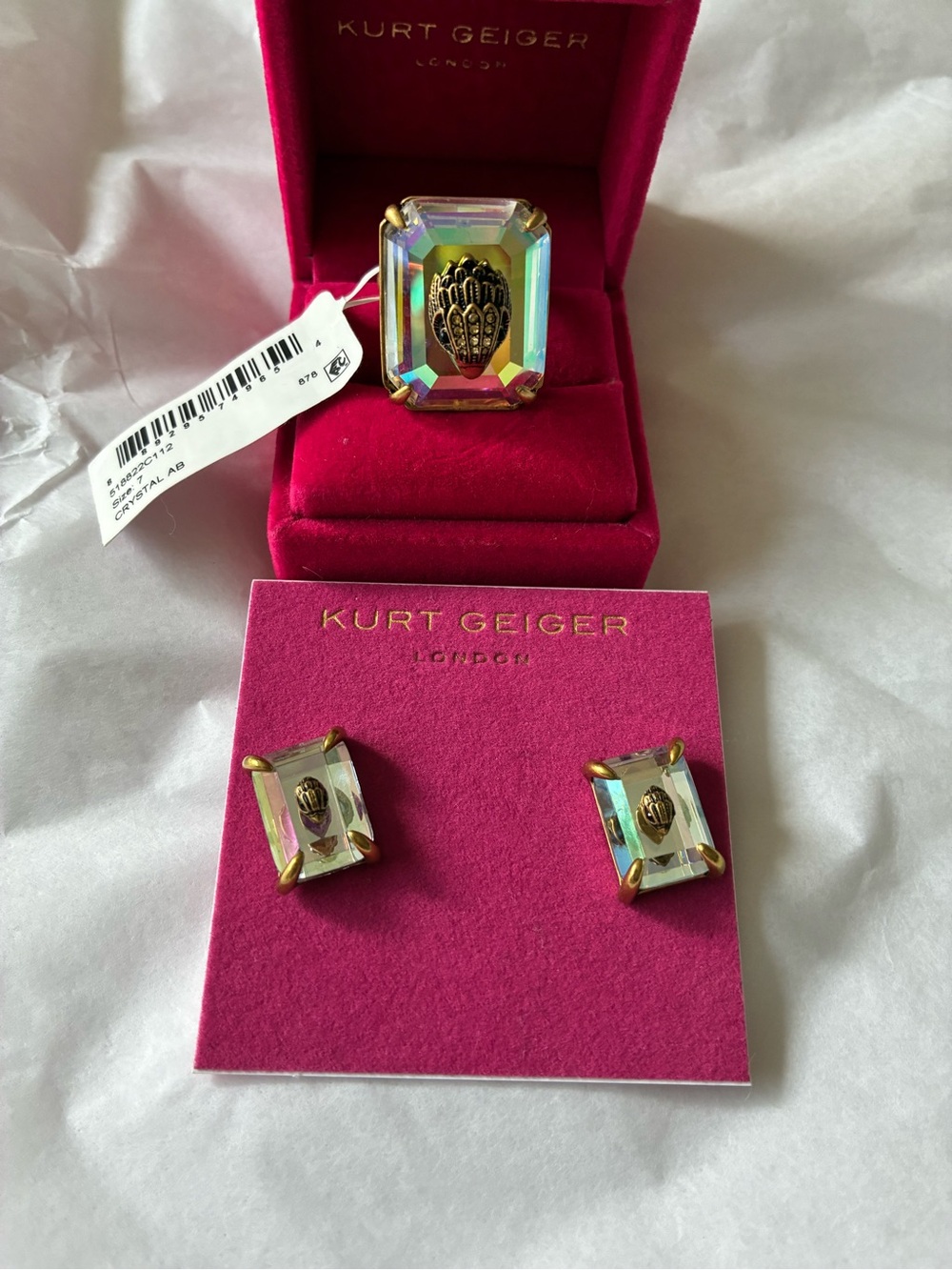 Kurt Geiger Gold-Tone Ring and Stud Earrings with Aurora Crystal, size 7 - Picture 10 of 10